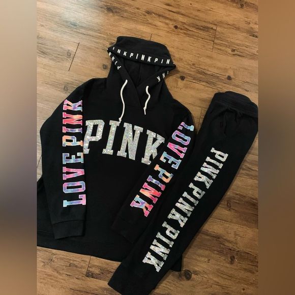 PINK VS HTF WATERCOLOR BLING HOODIE/ IRIDESCENT JOGGERS OUTFIT SET LARGE - Picture 6 of 12